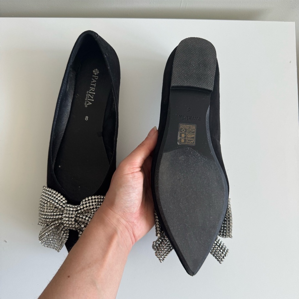 Black Pointed Toe Flats with Rhinestone Bow - Picture 2 of 3